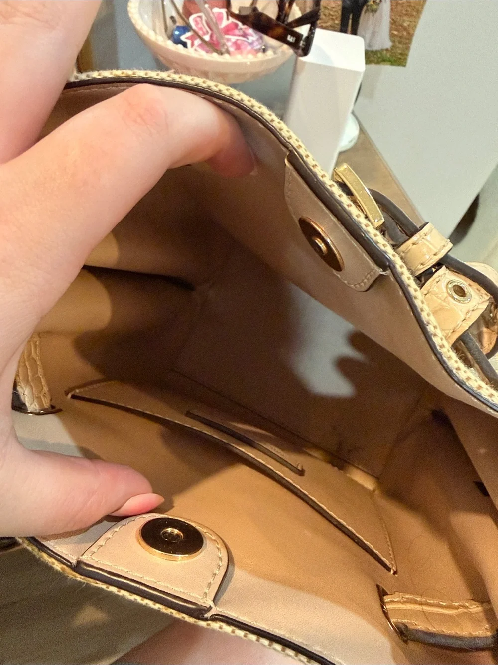 Michael Kors Tan Crossbody Bucket Bag with Croc-Trim